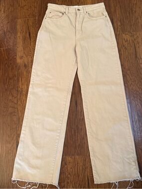 Beige Jeans Straight-Leg High-rise Frayed Hem